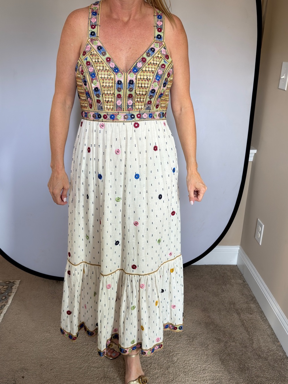 Anthropologie Ivory Maxi Dress with Multicolor Beaded Bodice